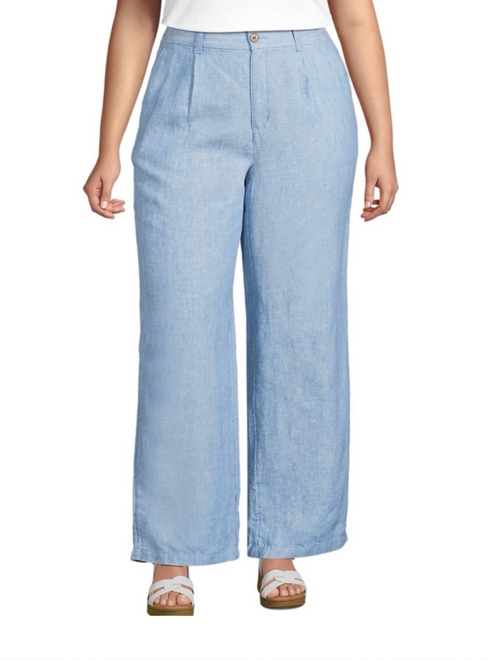 Lands' End Light Blue Wide-Leg Linen-Blend Pants